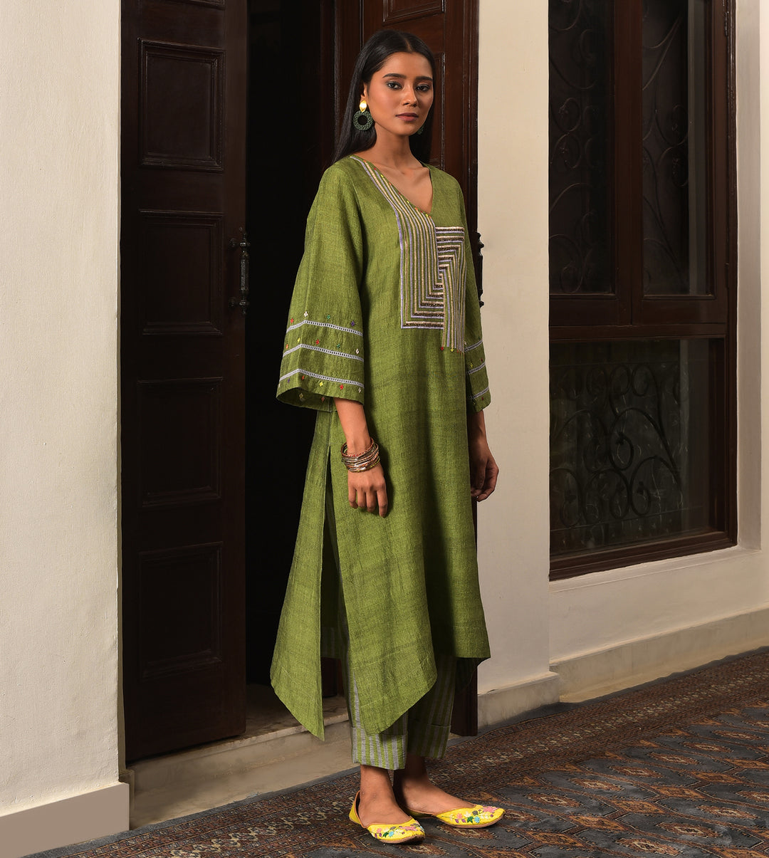 Raass Olive Green Embellished Handwoven Cotton Kurta with Striped Pant Set