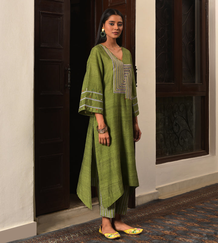 Raass Olive Green Embellished Handwoven Cotton Kurta with Striped Pant Set