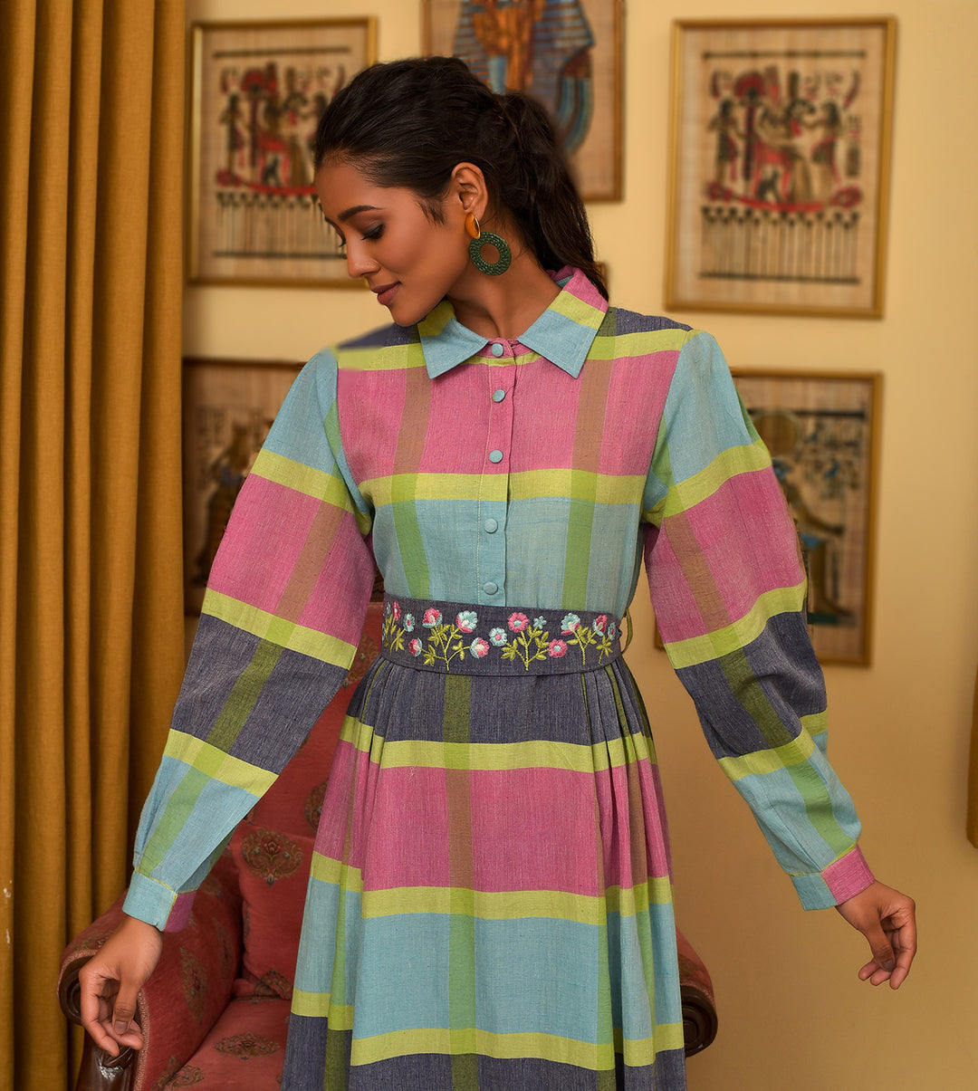 Raass Multicolor Handwoven Cotton A-Line Dress with Embroidered Belt
