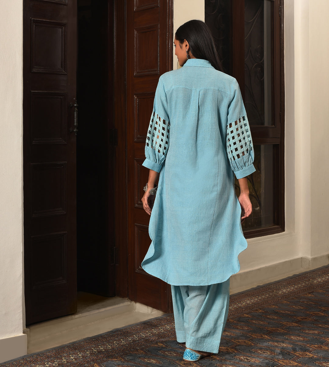 Raass Sky Blue Grid Pattern Handwoven Cotton Kurta and Salwar Set