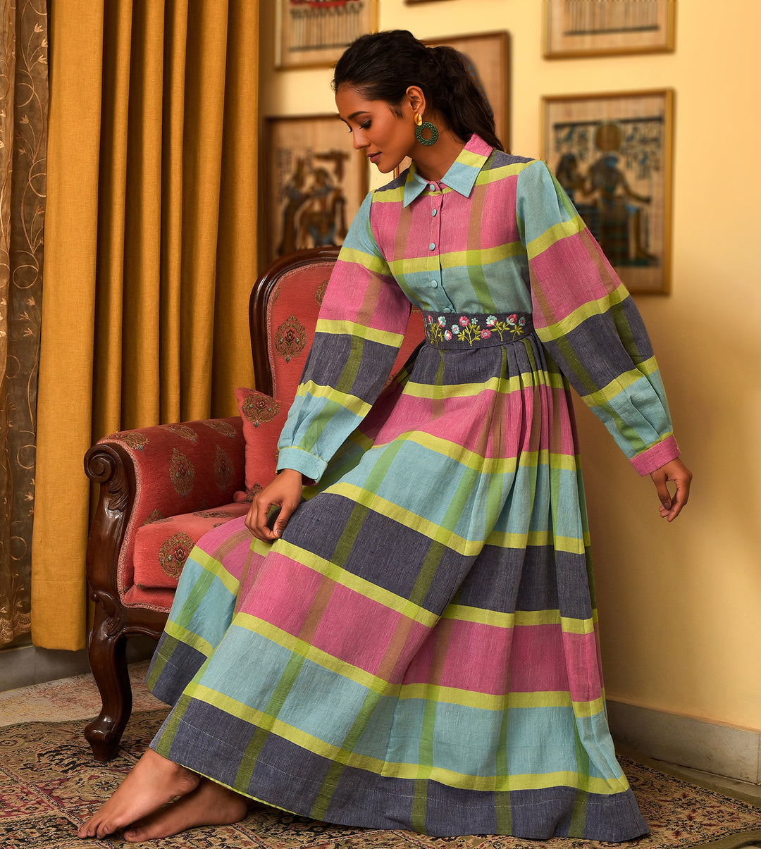 Raass Multicolor Handwoven Cotton A-Line Dress with Embroidered Belt