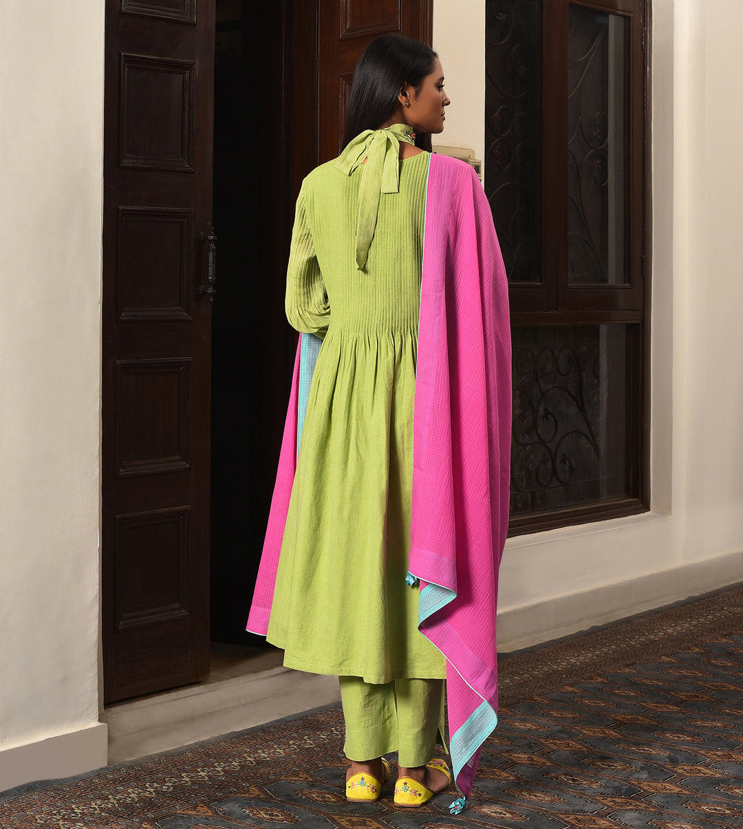 Raass Pastel Meadow Pleated A-Line Handwoven Cotton Kurta Set