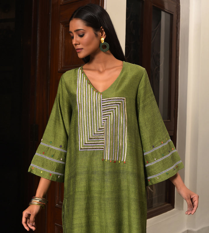 Raass Olive Green Embellished Handwoven Cotton Kurta with Striped Pant Set