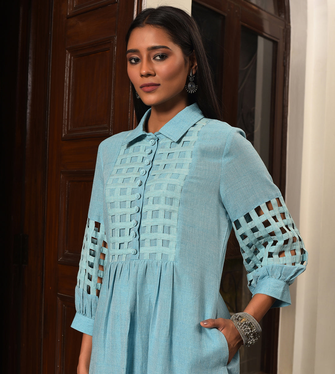 Raass Sky Blue Grid Pattern Handwoven Cotton Kurta and Salwar Set