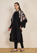 Pakistani Black Kurta Set with Floral Print Satin Scarf