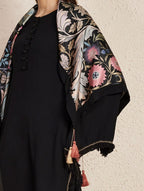 Pakistani Black Kurta Set with Floral Print Satin Scarf