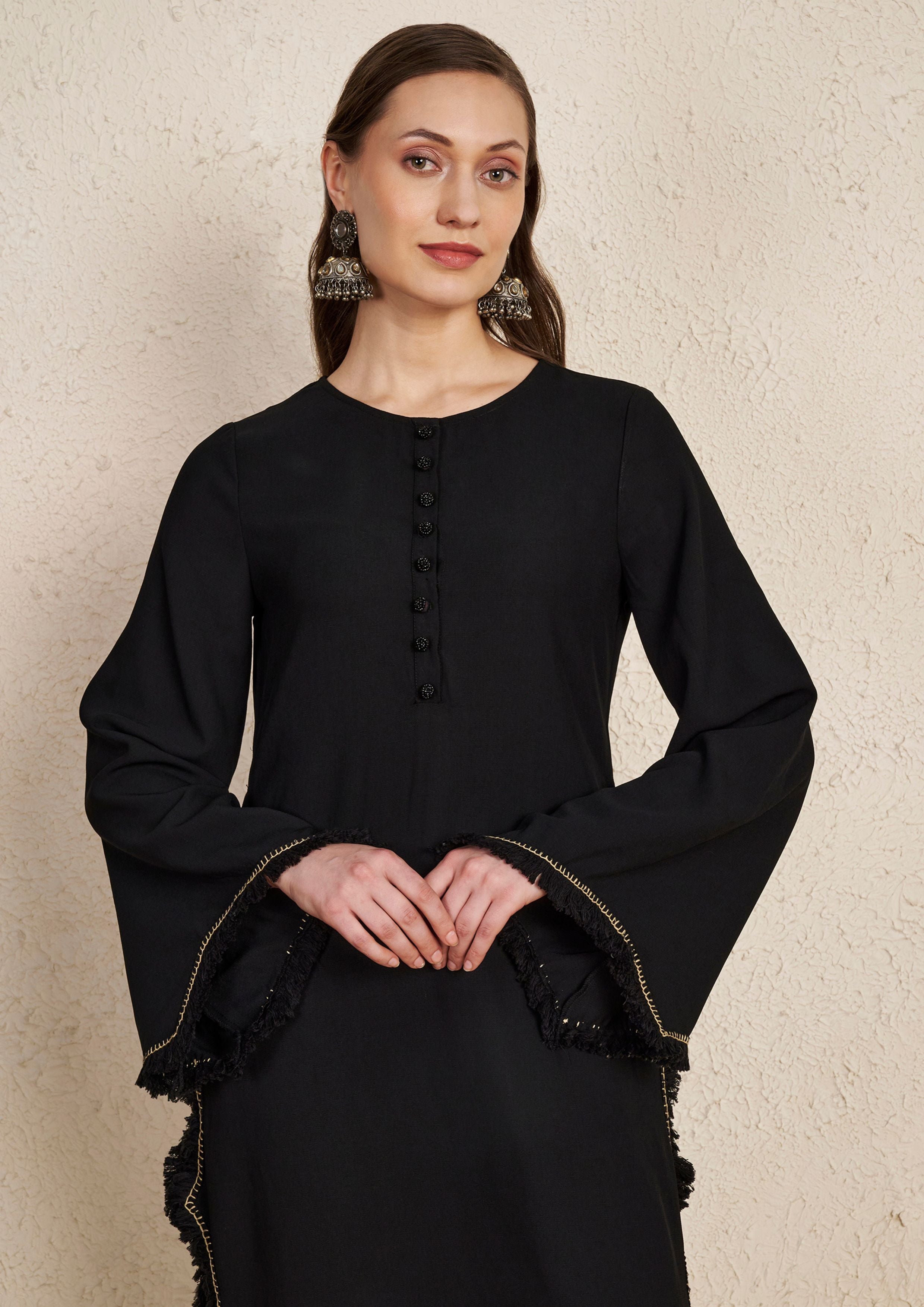 Pakistani Black Kurta Set with Floral Print Satin Scarf