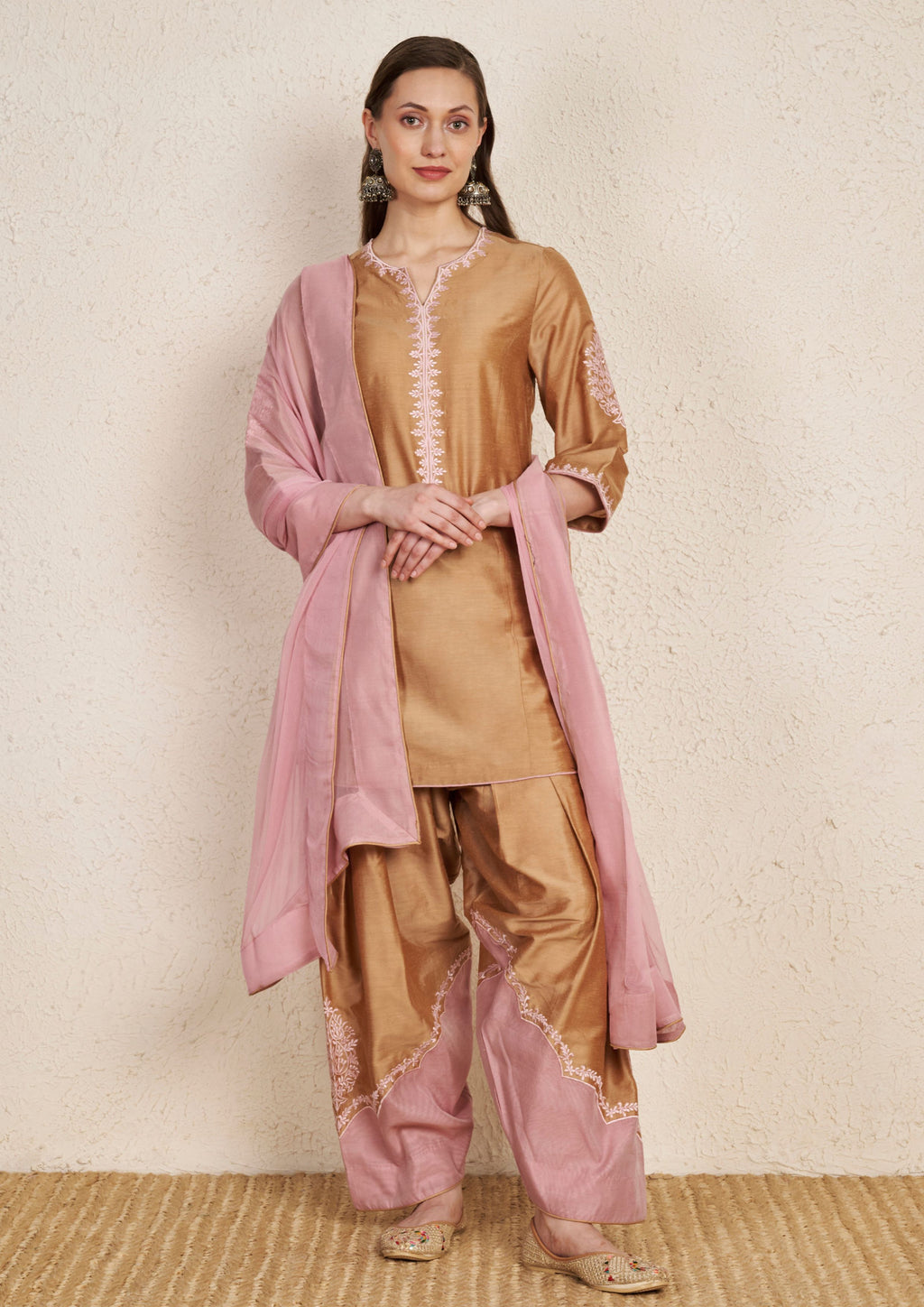 Beige Chanderi Hand Embroidered Kurta Set