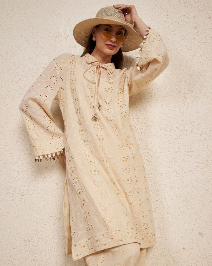 Beige Schiffli Cotton Kurta Set