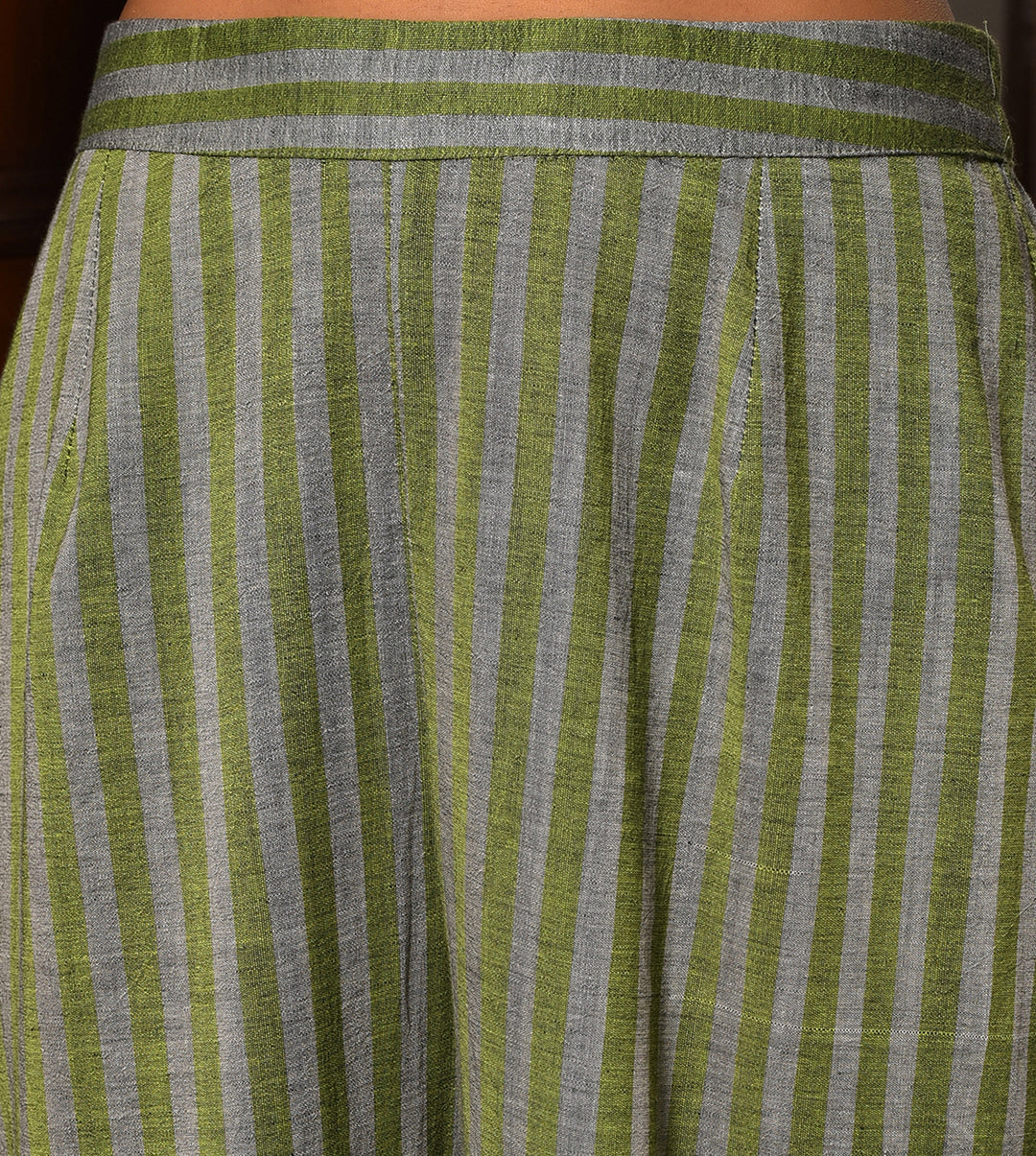 Raass Olive Green Embellished Handwoven Cotton Kurta with Striped Pant Set