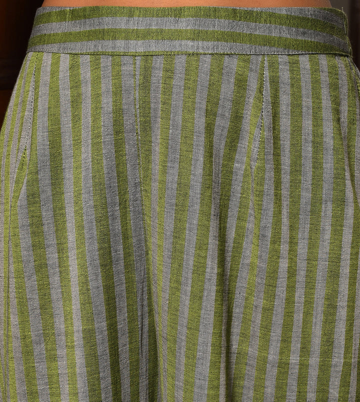 Raass Olive Green Embellished Handwoven Cotton Kurta with Striped Pant Set