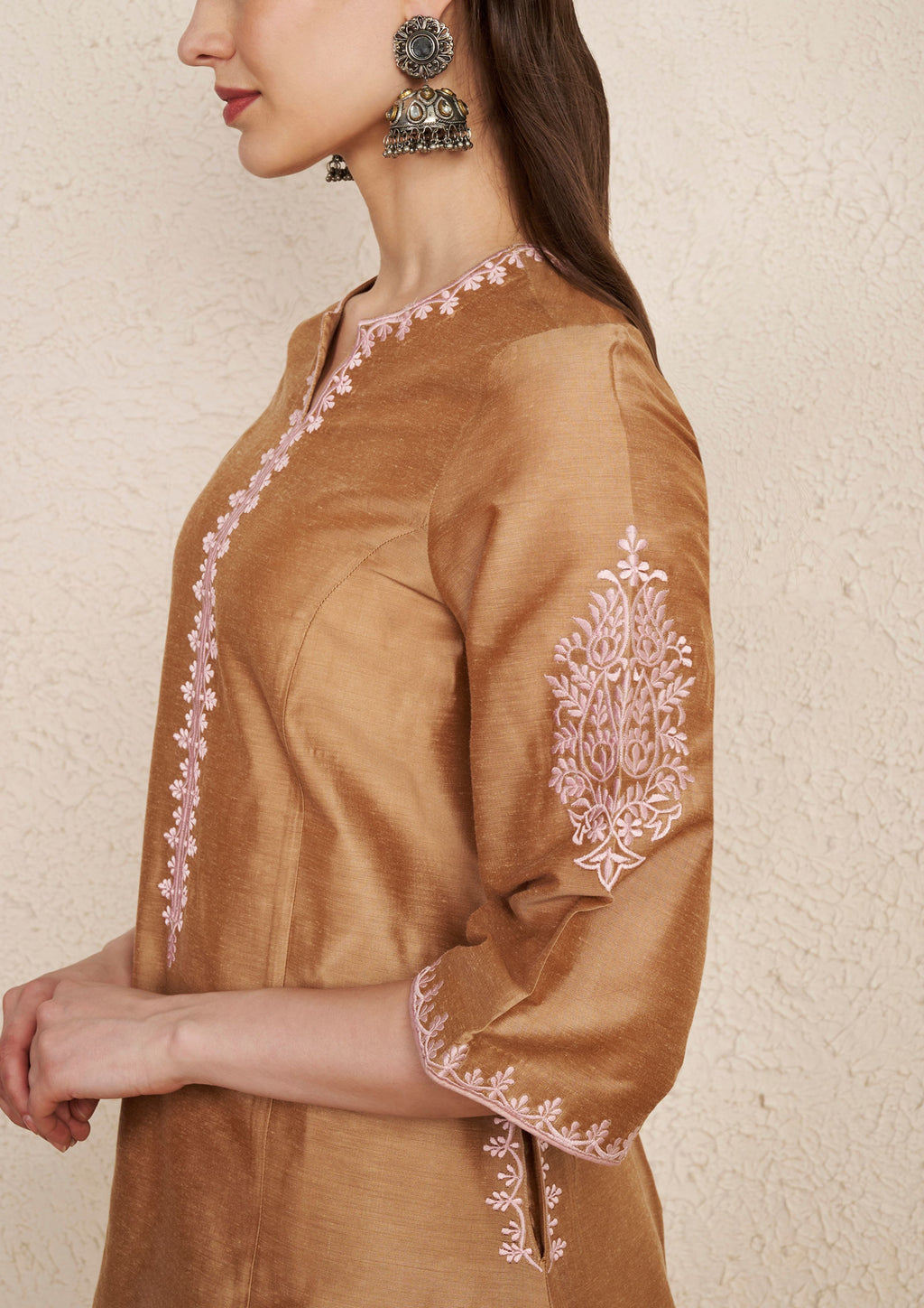 Beige Chanderi Hand Embroidered Kurta Set