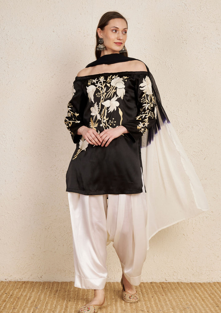 Off Shoulder Silk Embroidery Satin Kurta Set with Georgette Dupatta