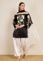 Off Shoulder Silk Embroidery Satin Kurta Set with Georgette Dupatta