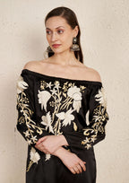 Off Shoulder Silk Embroidery Satin Kurta Set with Georgette Dupatta