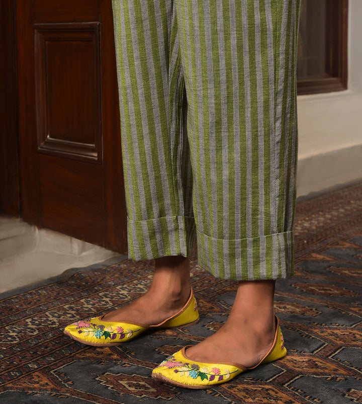 Raass Olive Green Embellished Handwoven Cotton Kurta with Striped Pant Set
