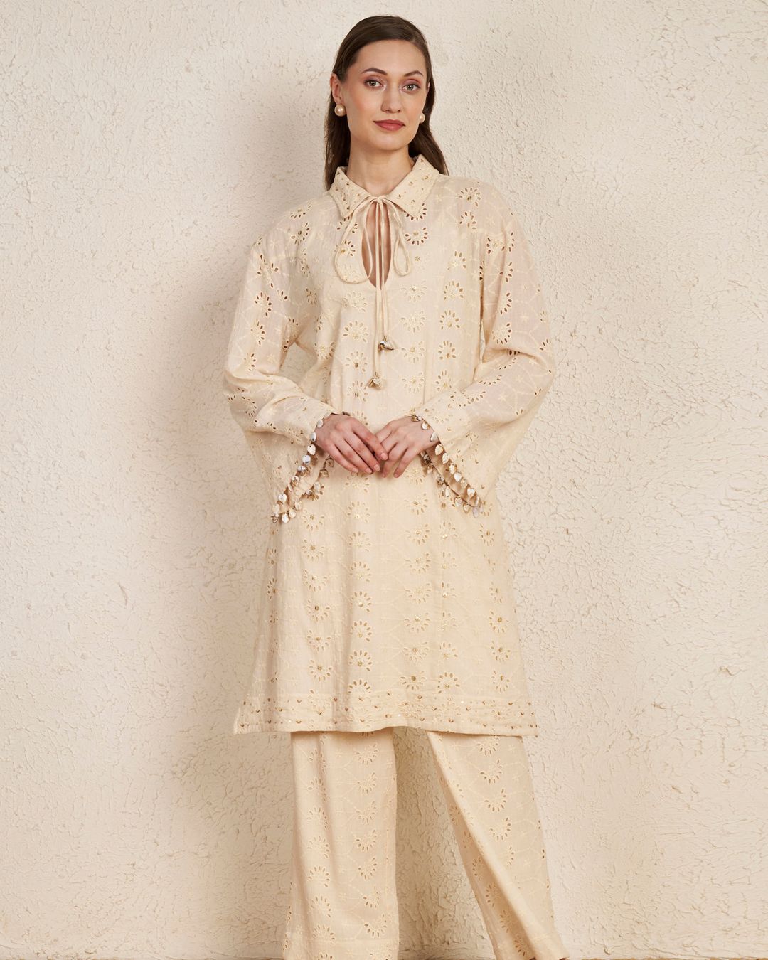 Beige Schiffli Cotton Kurta Set