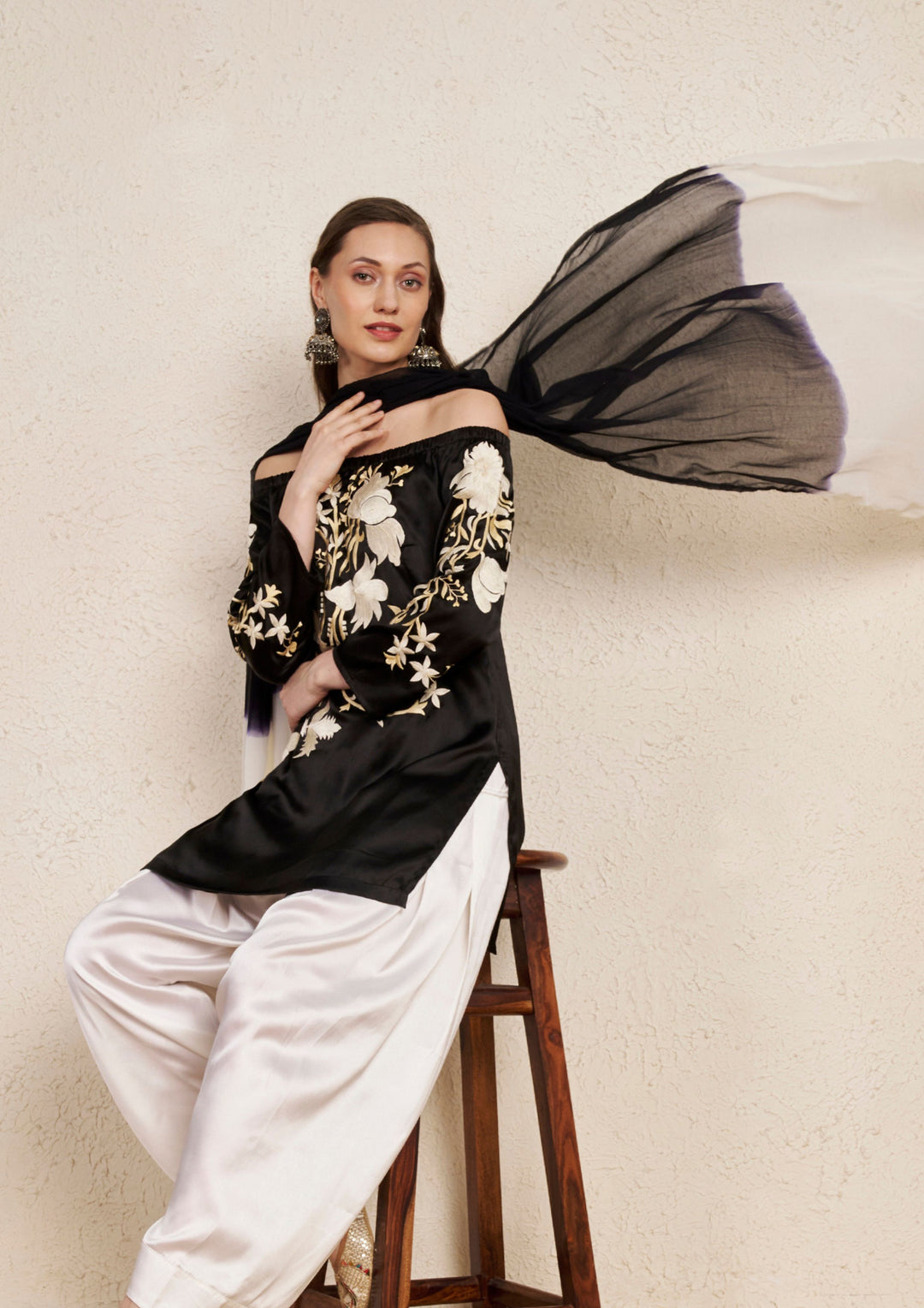 Off Shoulder Silk Embroidery Satin Kurta Set with Georgette Dupatta