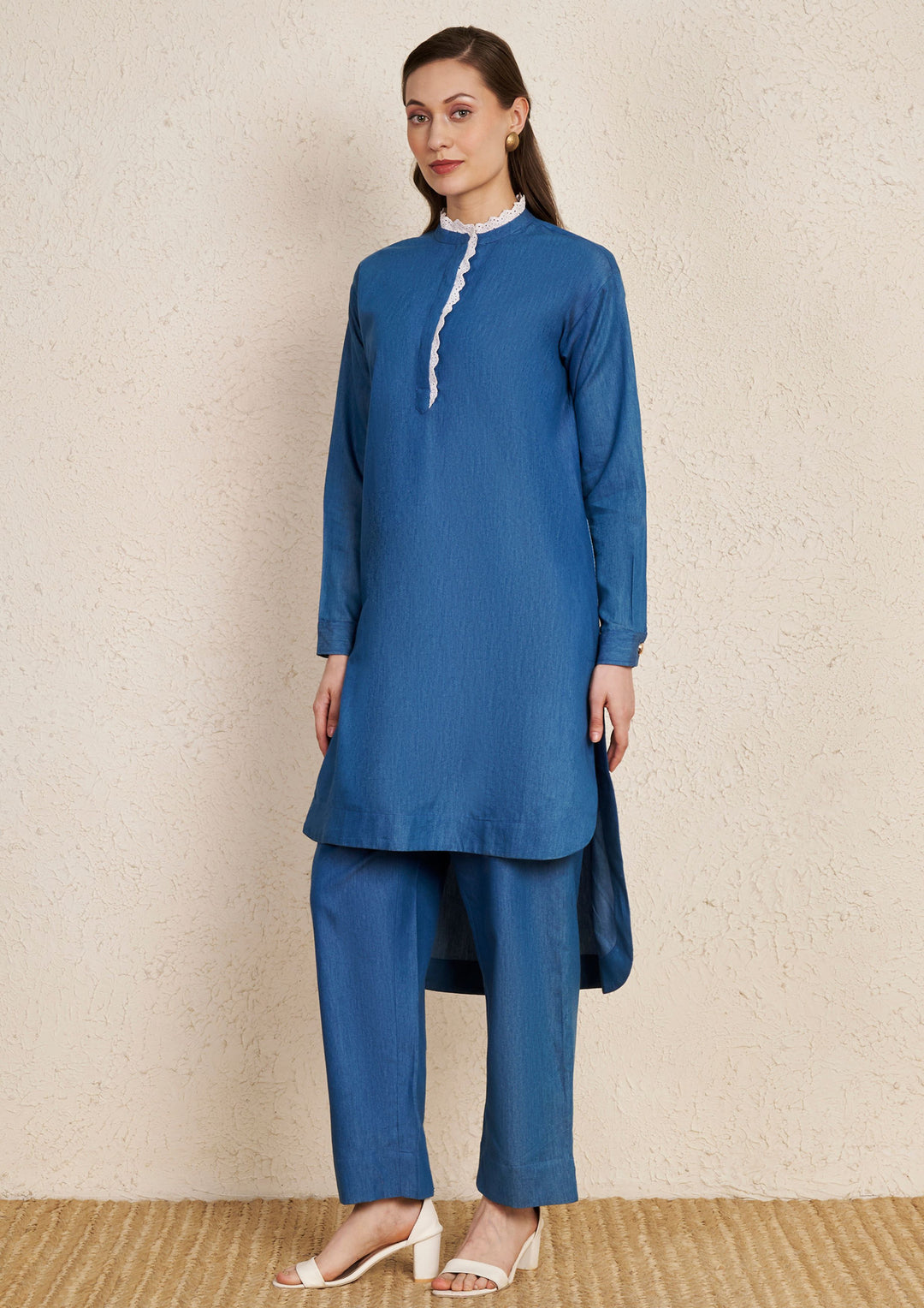 Denim Minimal Kurta Set with Lace Detail