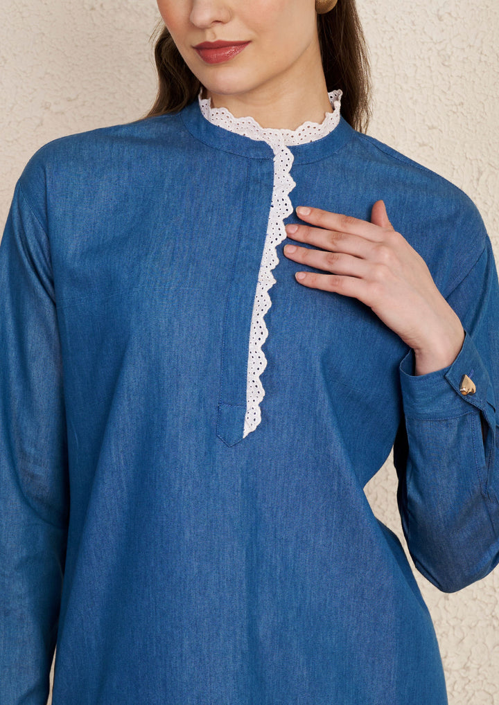 Denim Minimal Kurta Set with Lace Detail