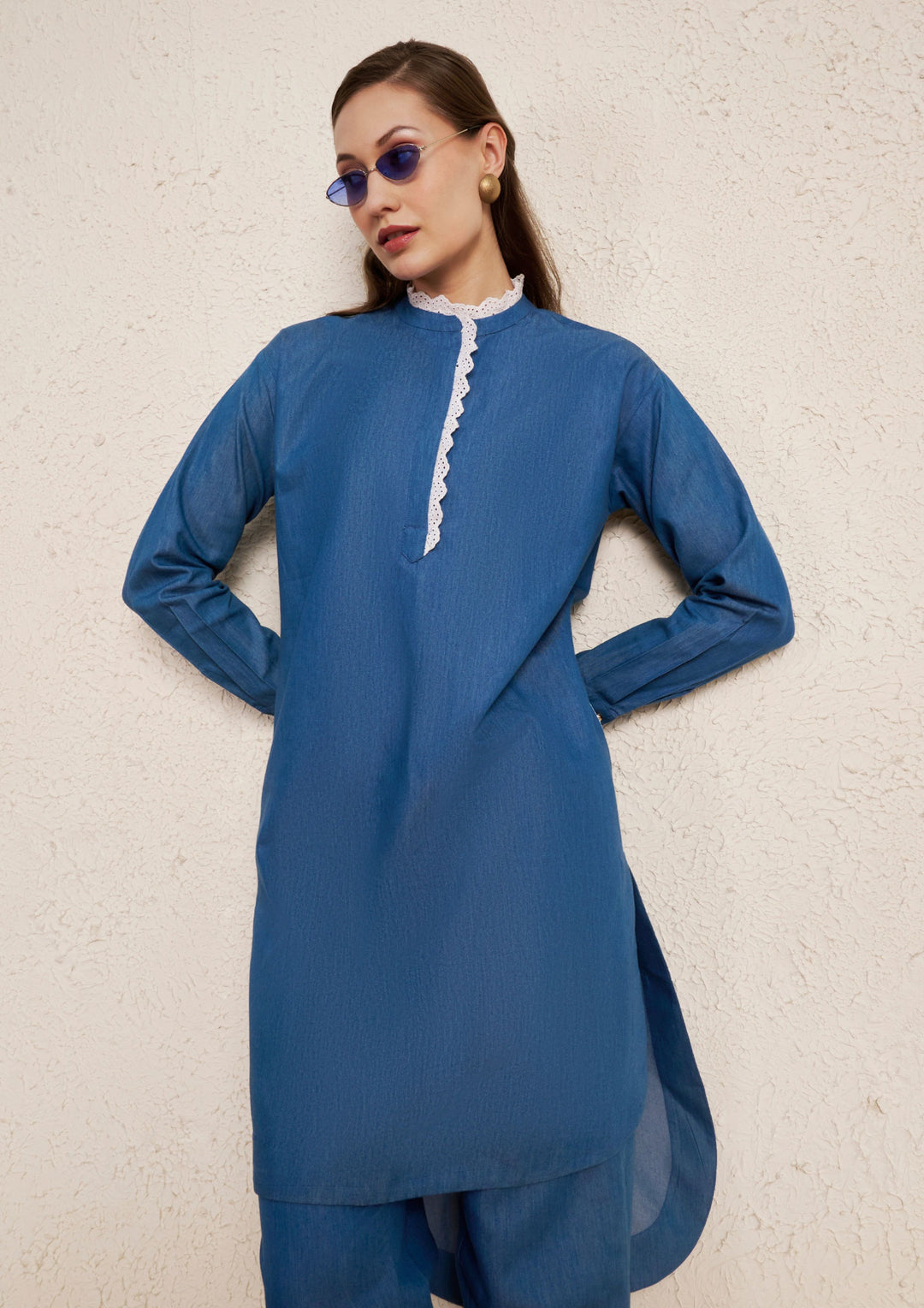 Denim Minimal Kurta Set with Lace Detail