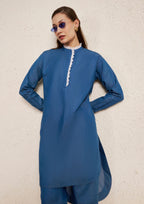 Denim Minimal Kurta Set with Lace Detail