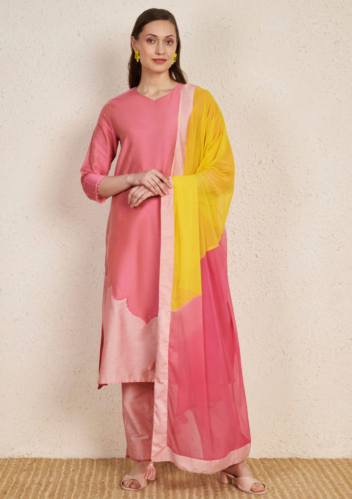 Ombre Rose Pink Hand Embroidered Kurta Set with Chiffon Dupatta