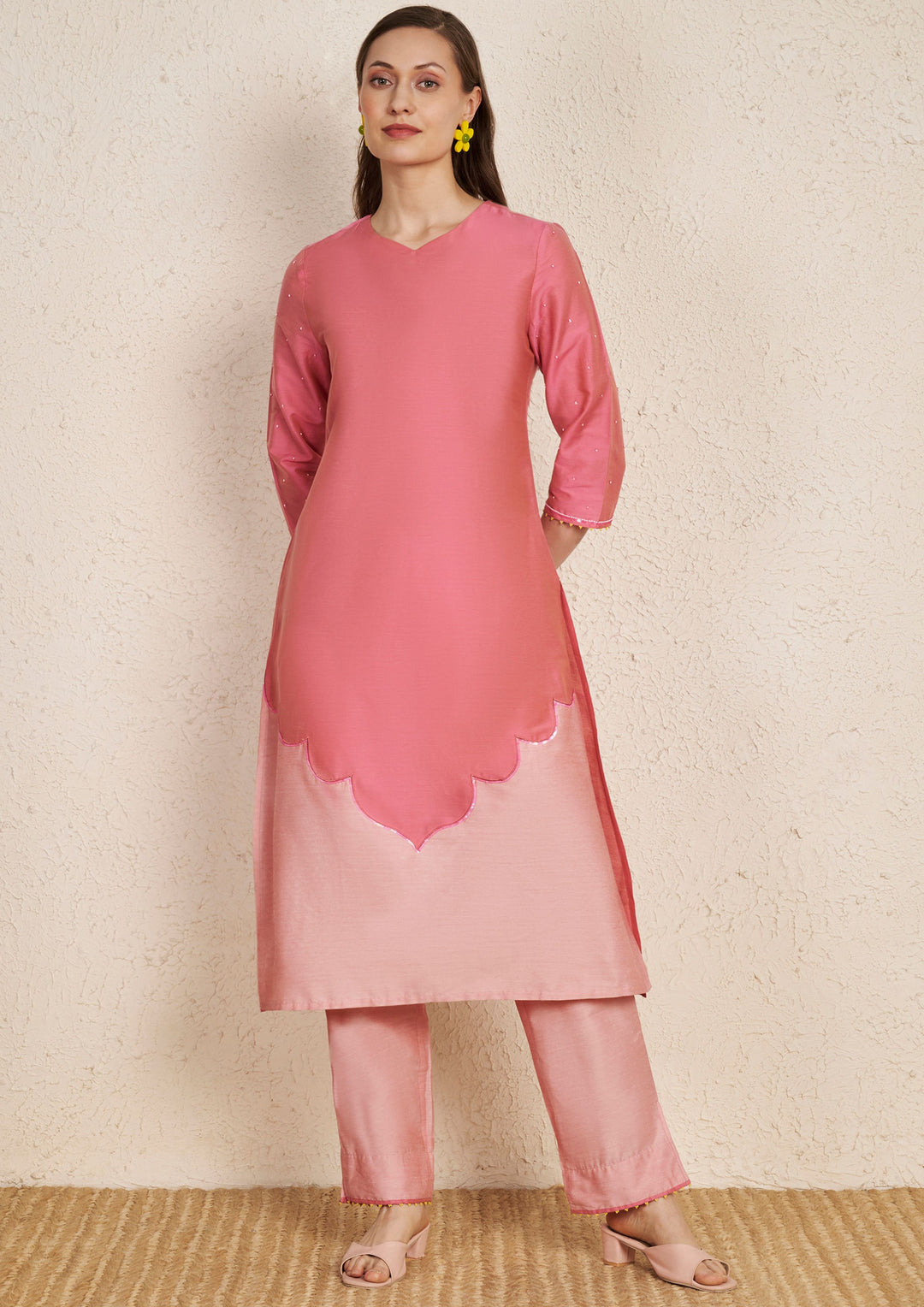 Ombre Rose Pink Hand Embroidered Kurta Set with Chiffon Dupatta