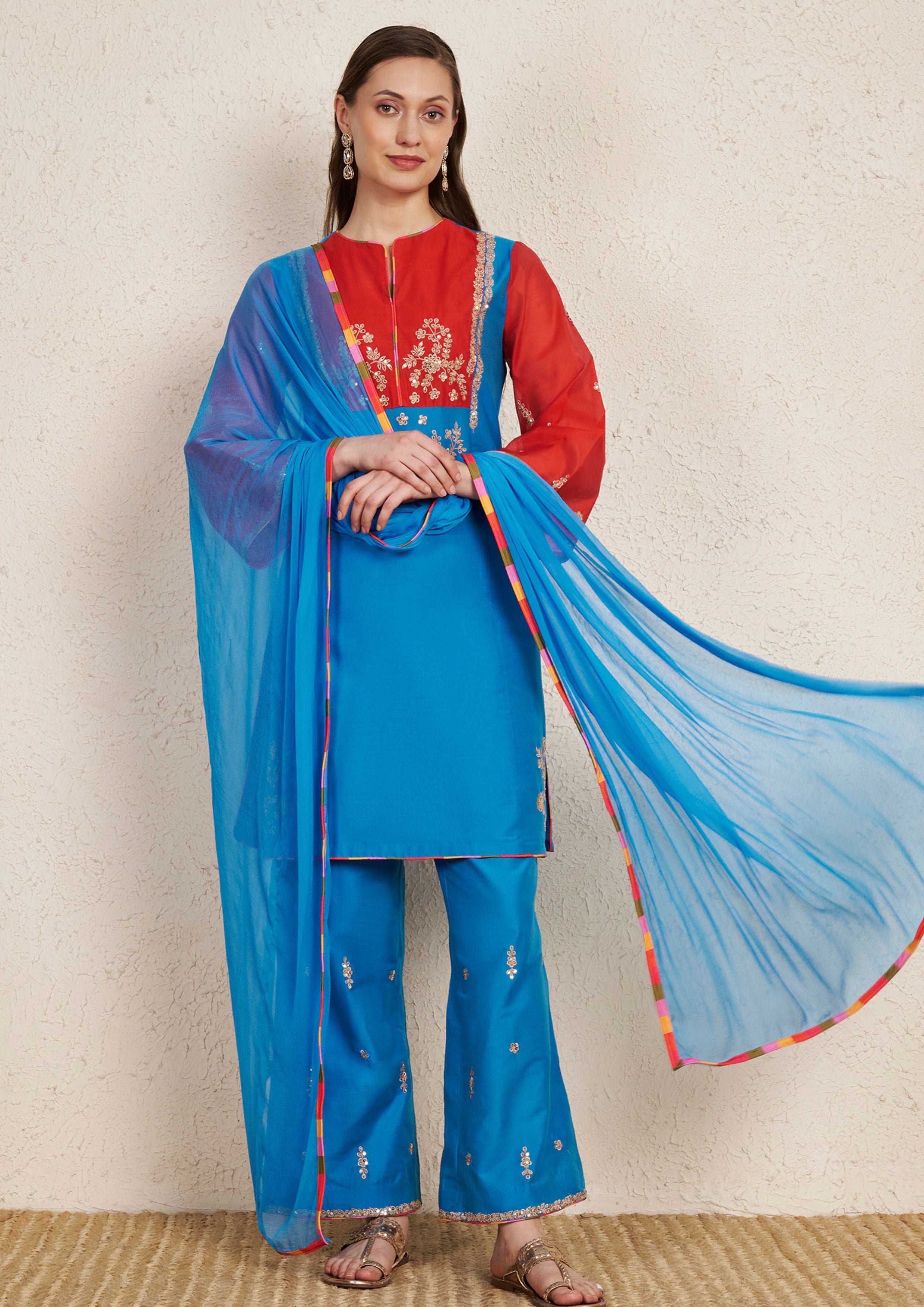Turquoise Art Silk Kurta Set with Red Chanderi Sleeves