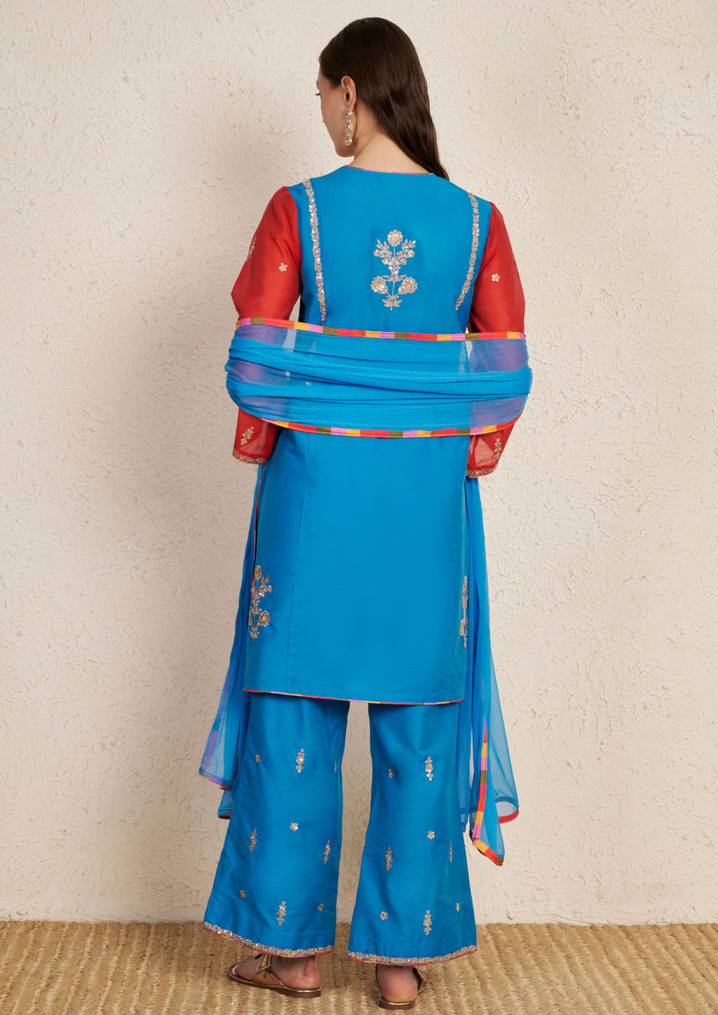 Turquoise Art Silk Kurta Set with Red Chanderi Sleeves