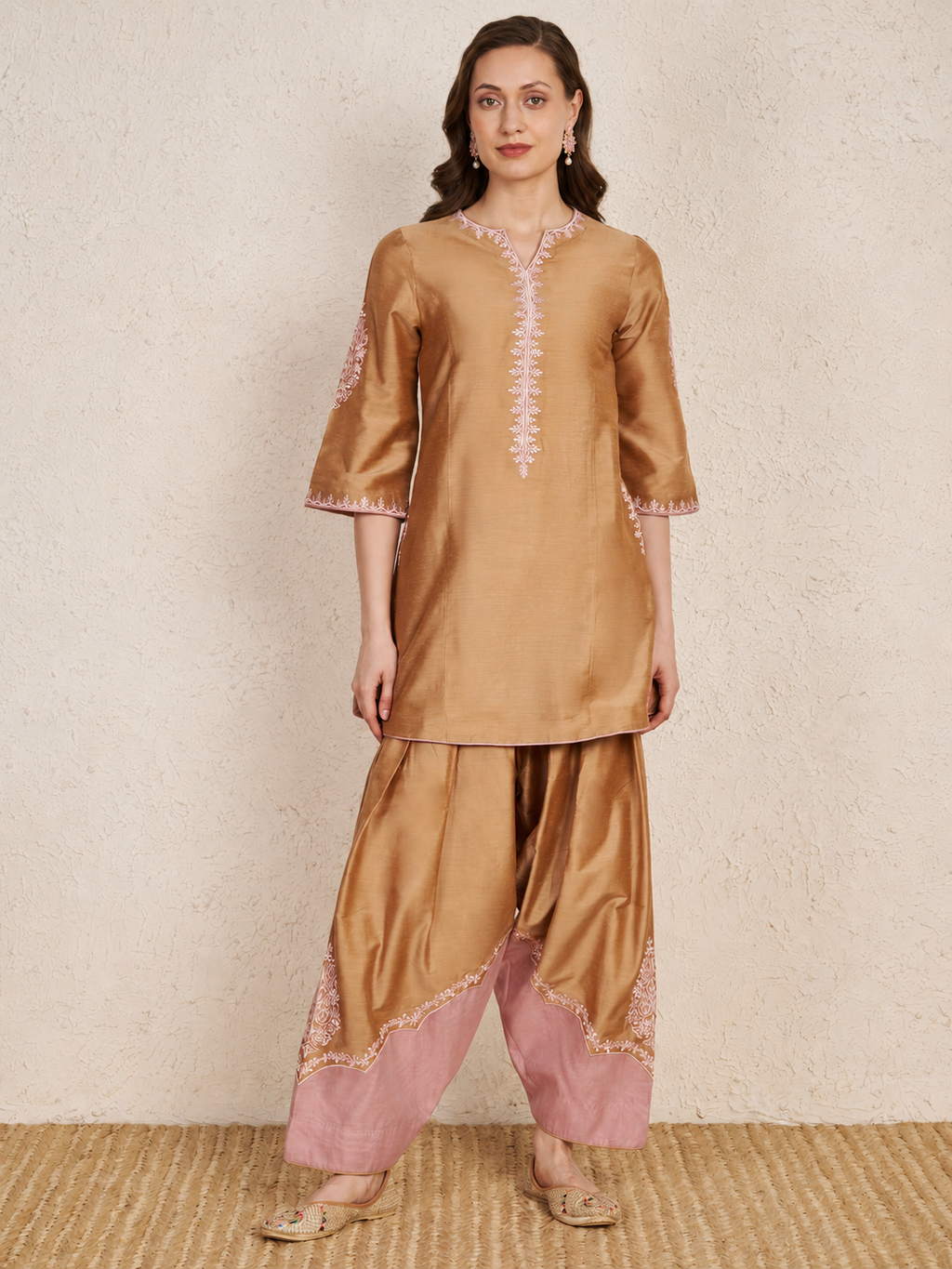 Beige Chanderi Hand Embroidered Kurta Set