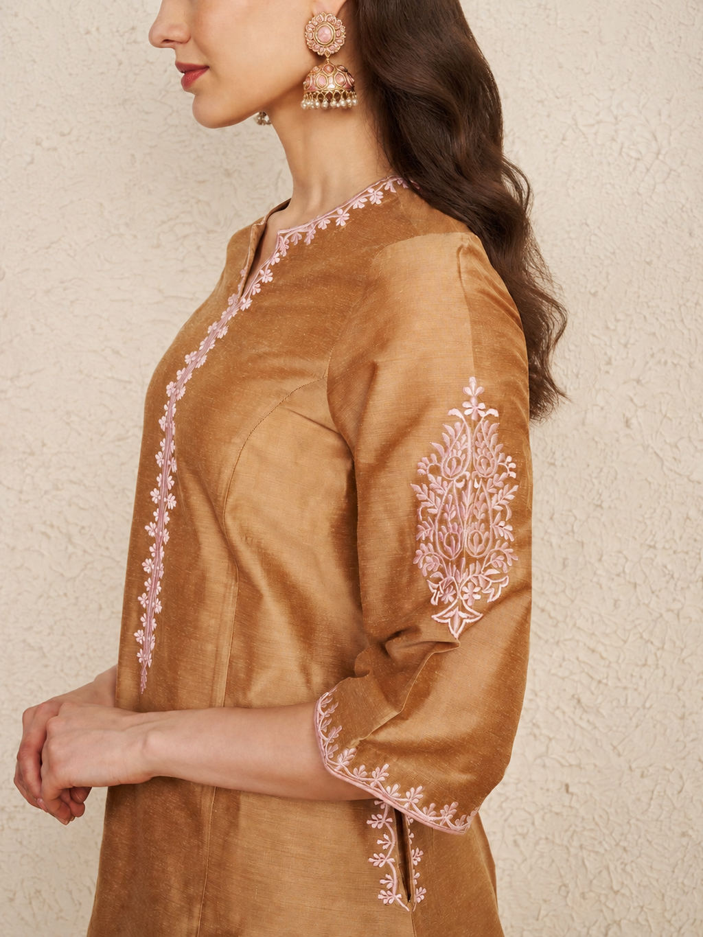 Beige Chanderi Hand Embroidered Kurta Set
