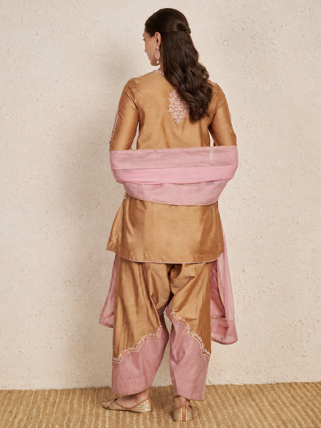 Beige Chanderi Hand Embroidered Kurta Set
