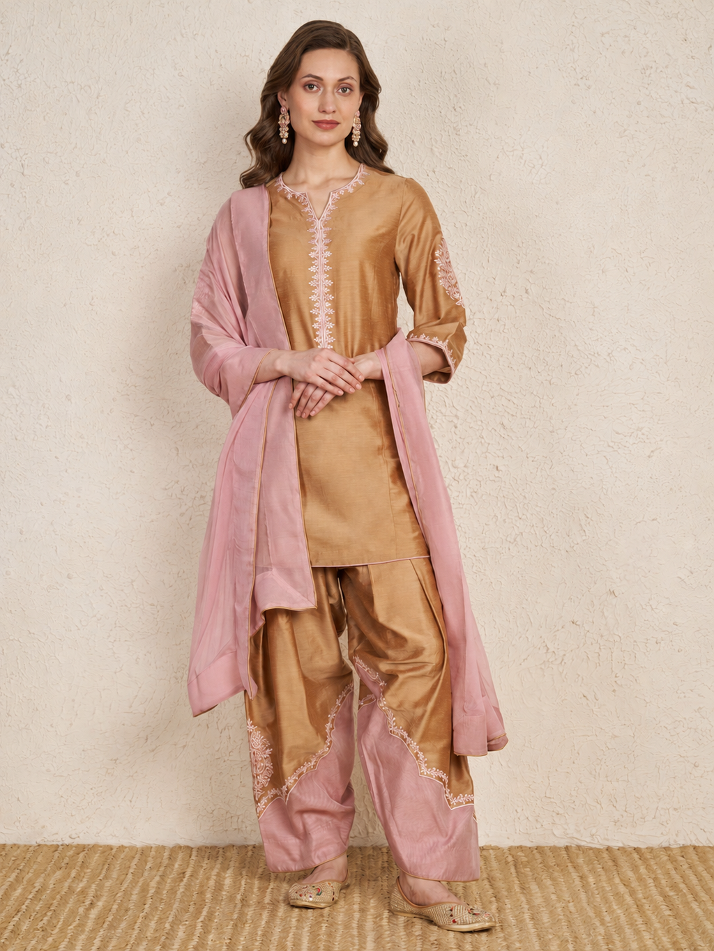 Beige Chanderi Hand Embroidered Kurta Set