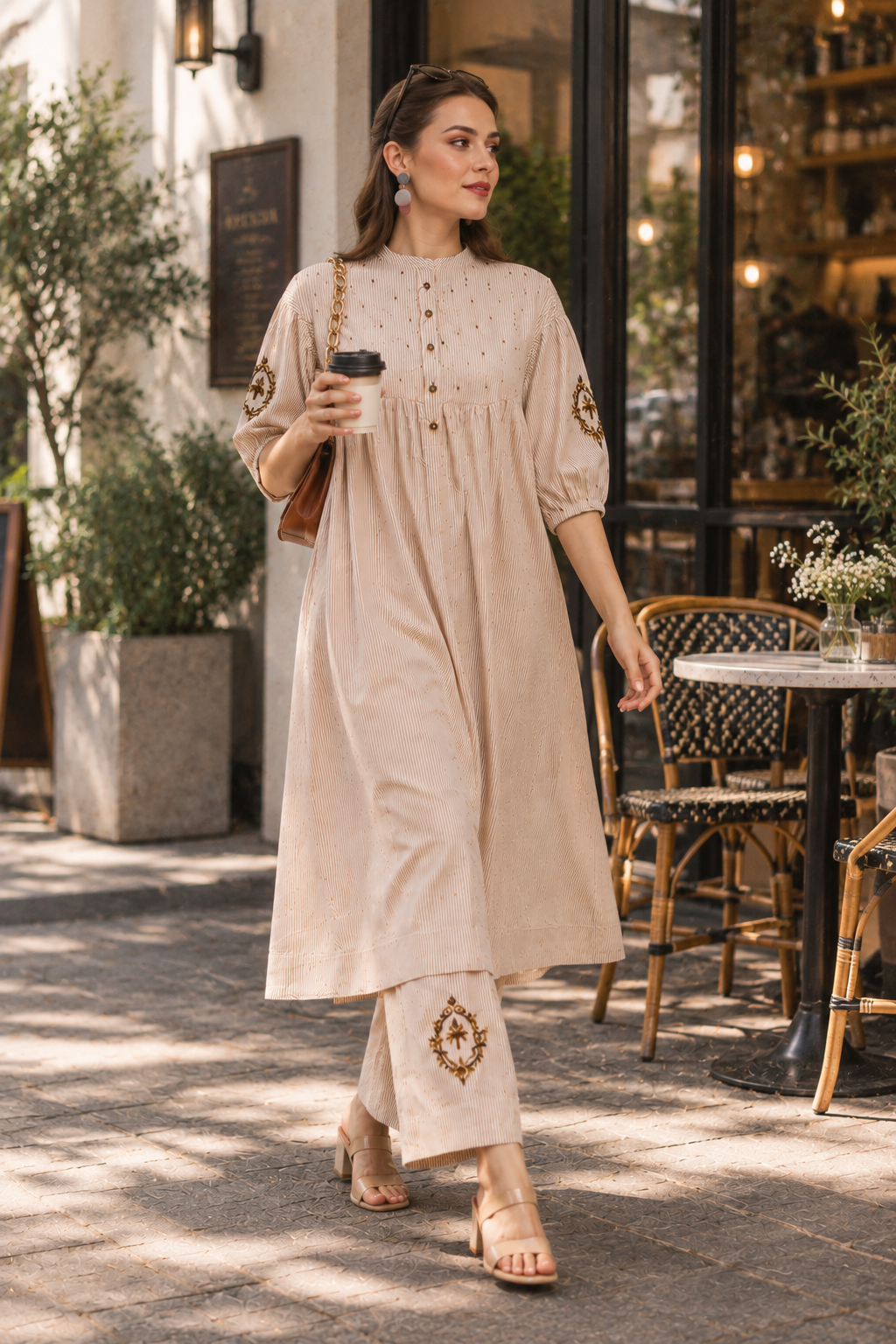 Beige Latte Stripes Cotton Kurta Set
