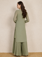 Pastel Sage Green Embroidered Kurta Set with Pleated Palazzo