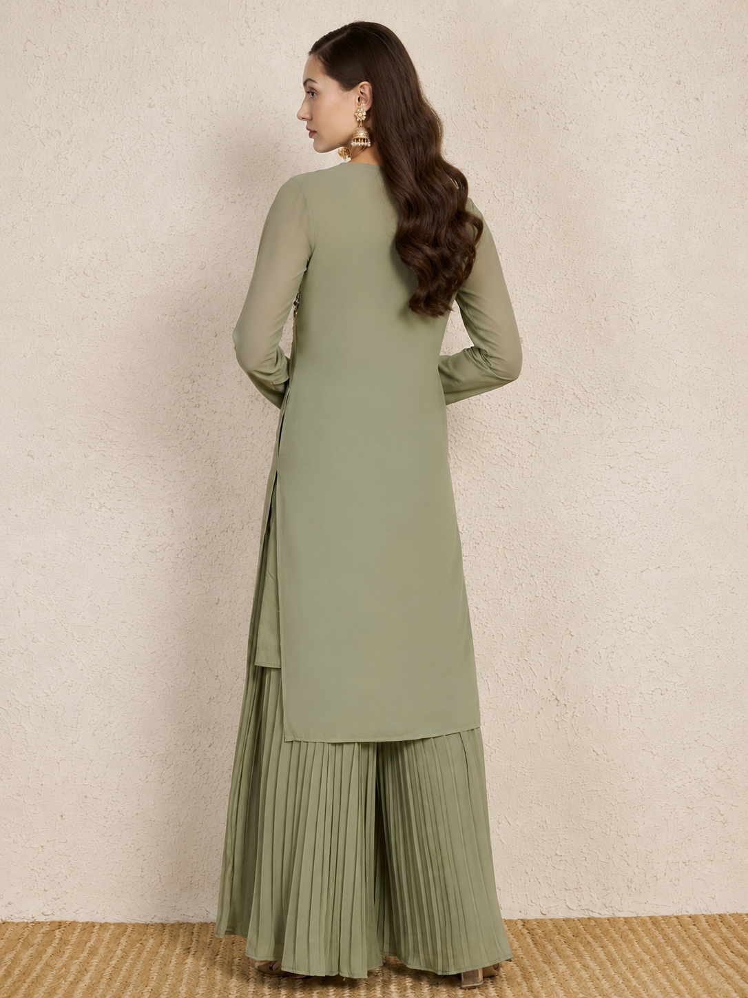 Pastel Sage Green Embroidered Kurta Set with Pleated Palazzo