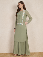 Pastel Sage Green Embroidered Kurta Set with Pleated Palazzo