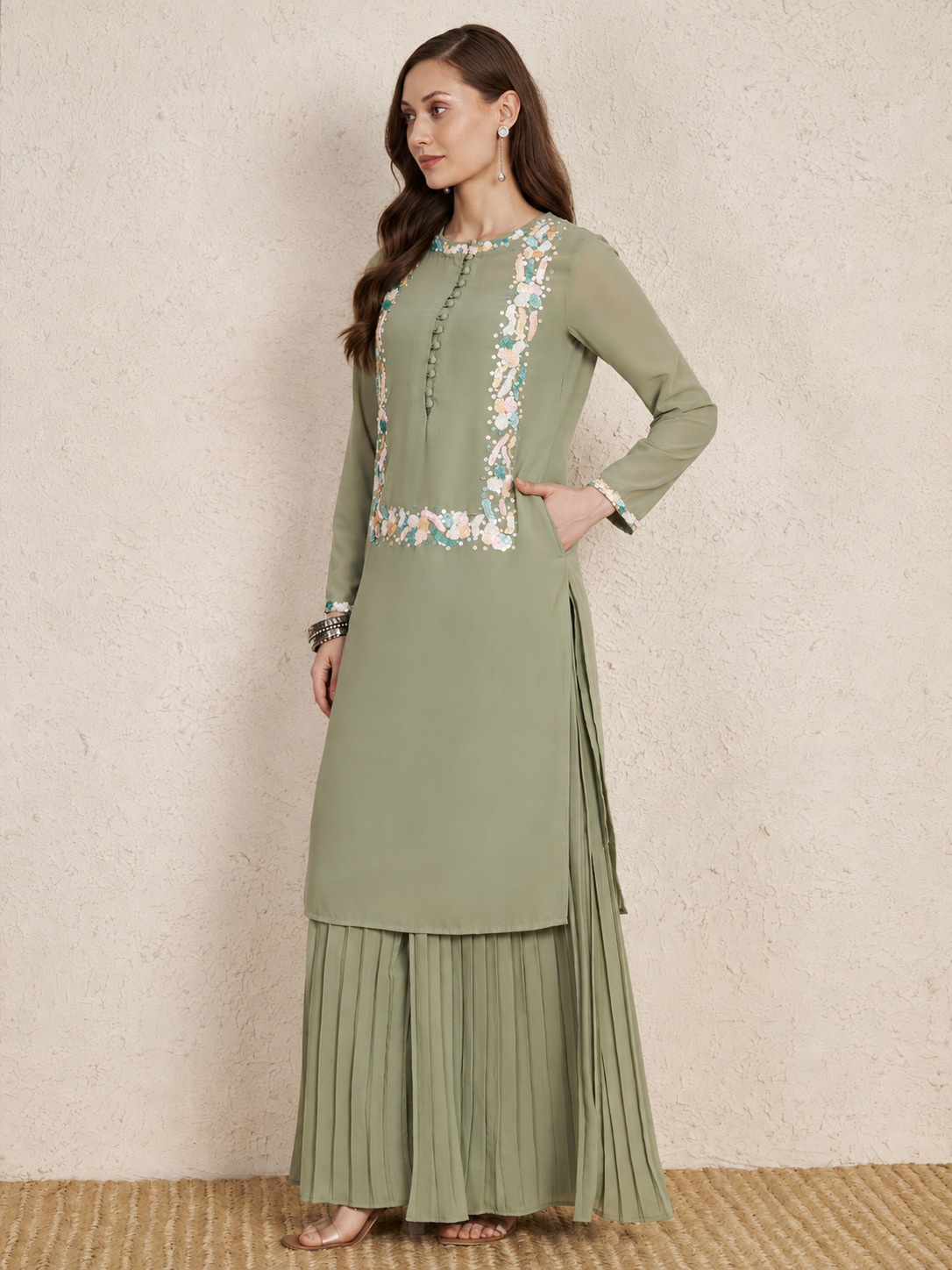 Pastel Sage Green Embroidered Kurta Set with Pleated Palazzo