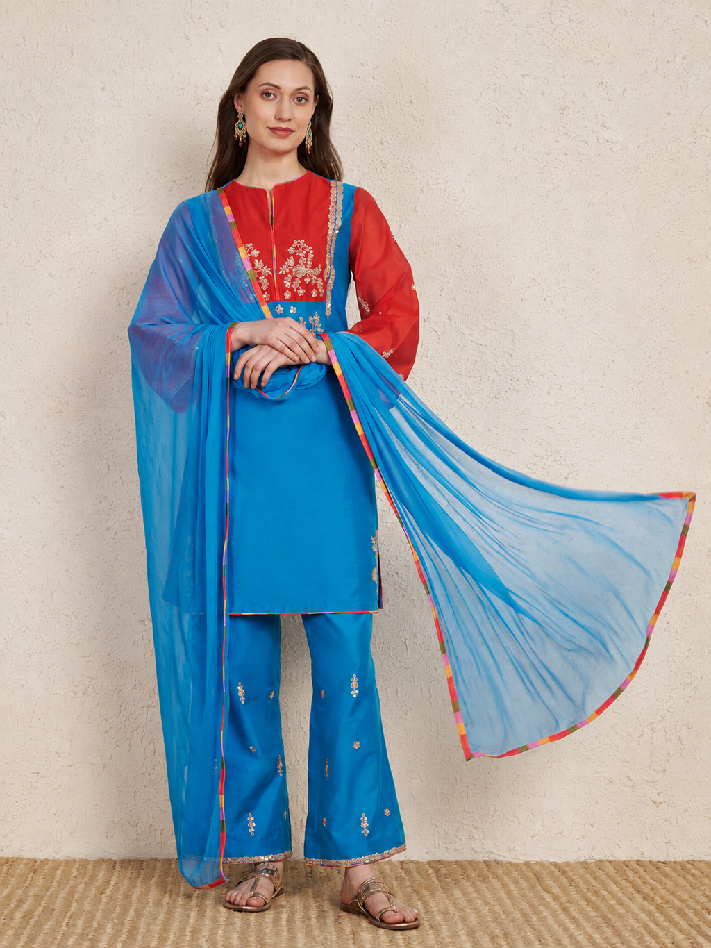 Turquoise Art Silk Kurta Set with Red Chanderi Sleeves