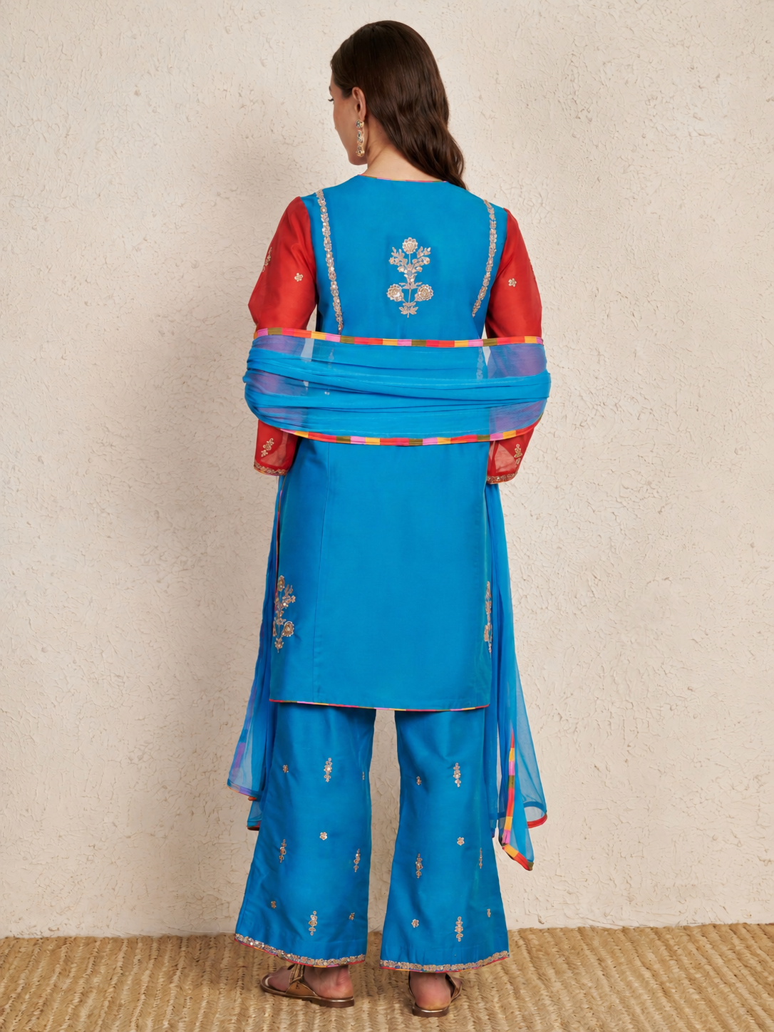 Turquoise Art Silk Kurta Set with Red Chanderi Sleeves