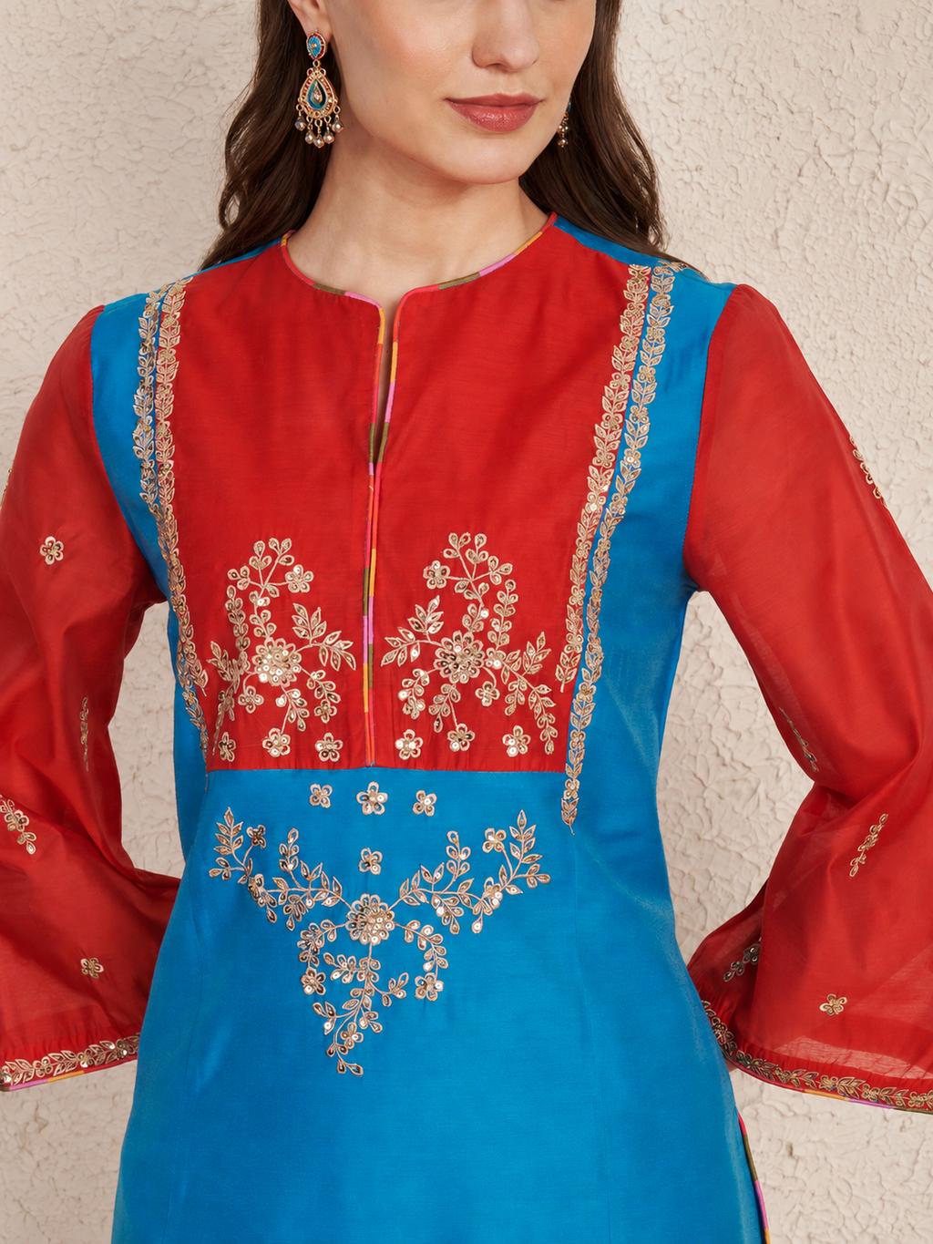 Turquoise Art Silk Kurta Set with Red Chanderi Sleeves