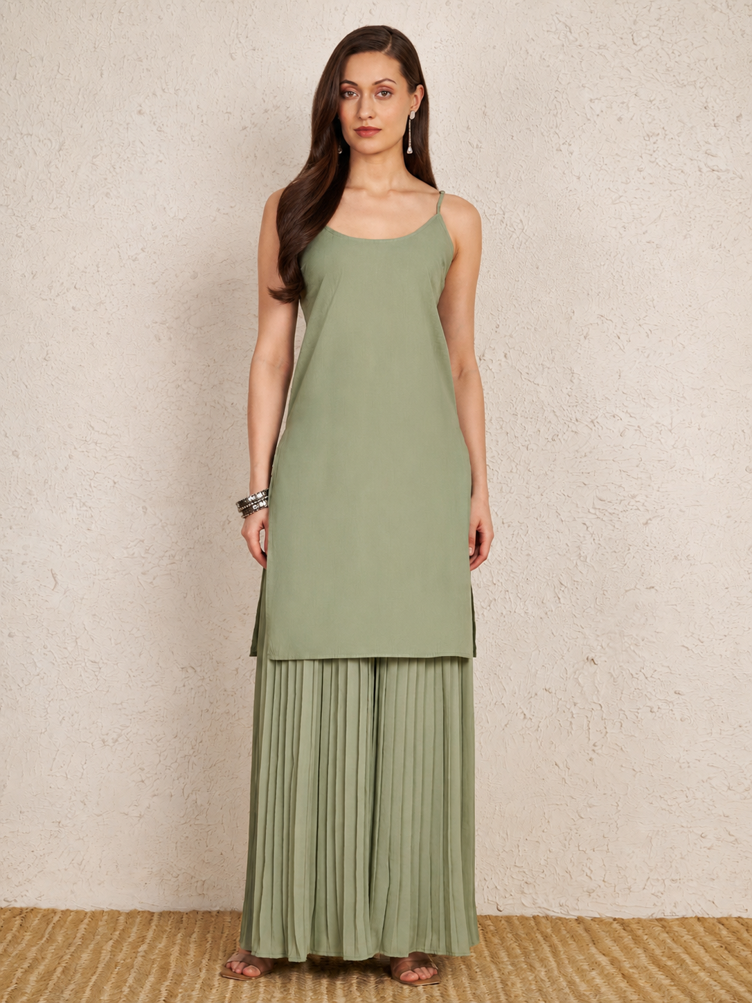 Pastel Sage Green Embroidered Kurta Set with Pleated Palazzo