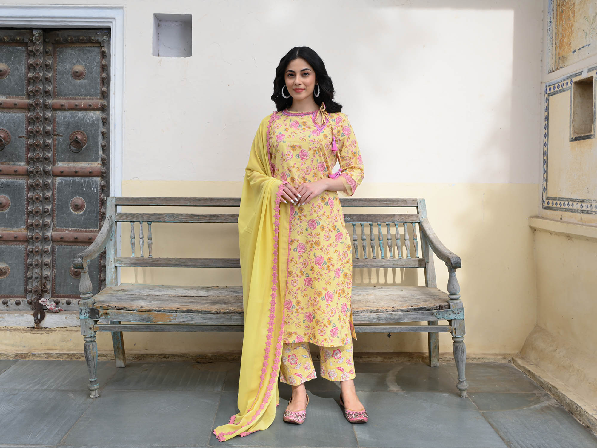 Pastel Yellow Floral Printed Kurta Set