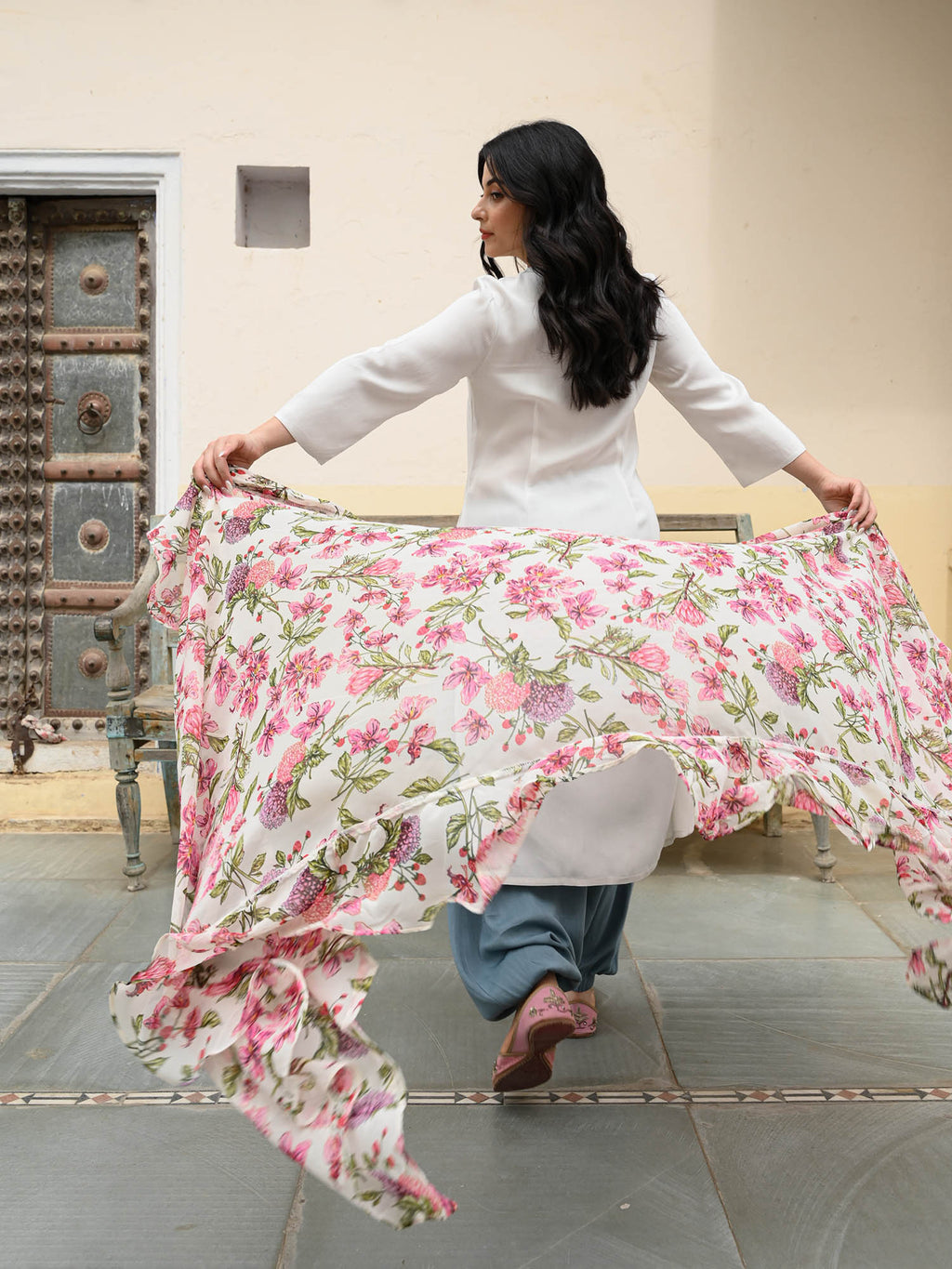 Floral Georgette Embroidered Cotton Kurta Pant Dupatta Set