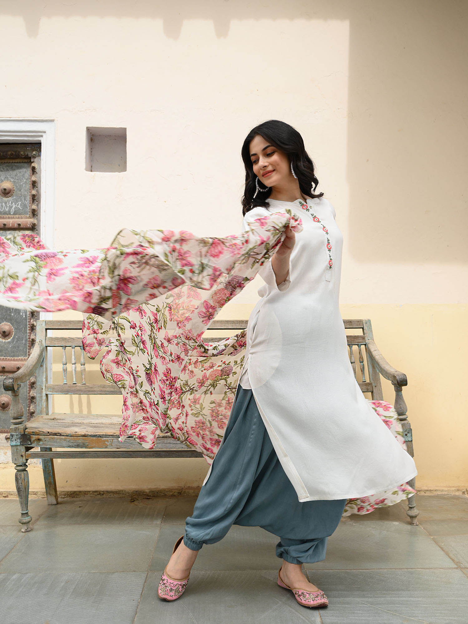 Floral Georgette Embroidered Cotton Kurta Pant Dupatta Set