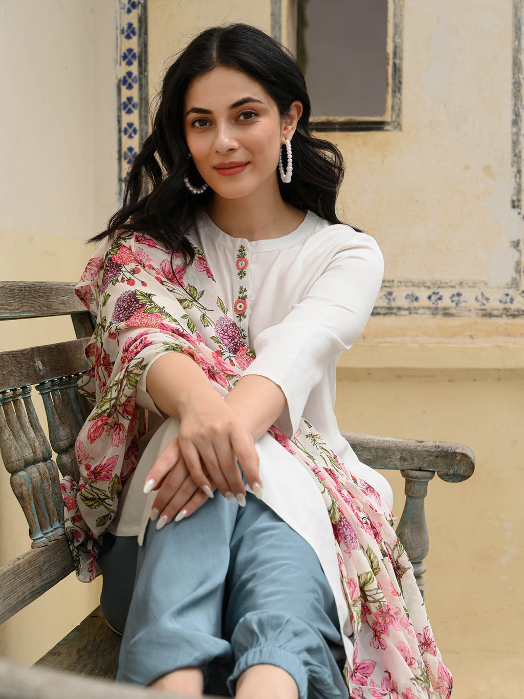 Floral Georgette Embroidered Cotton Kurta Pant Dupatta Set