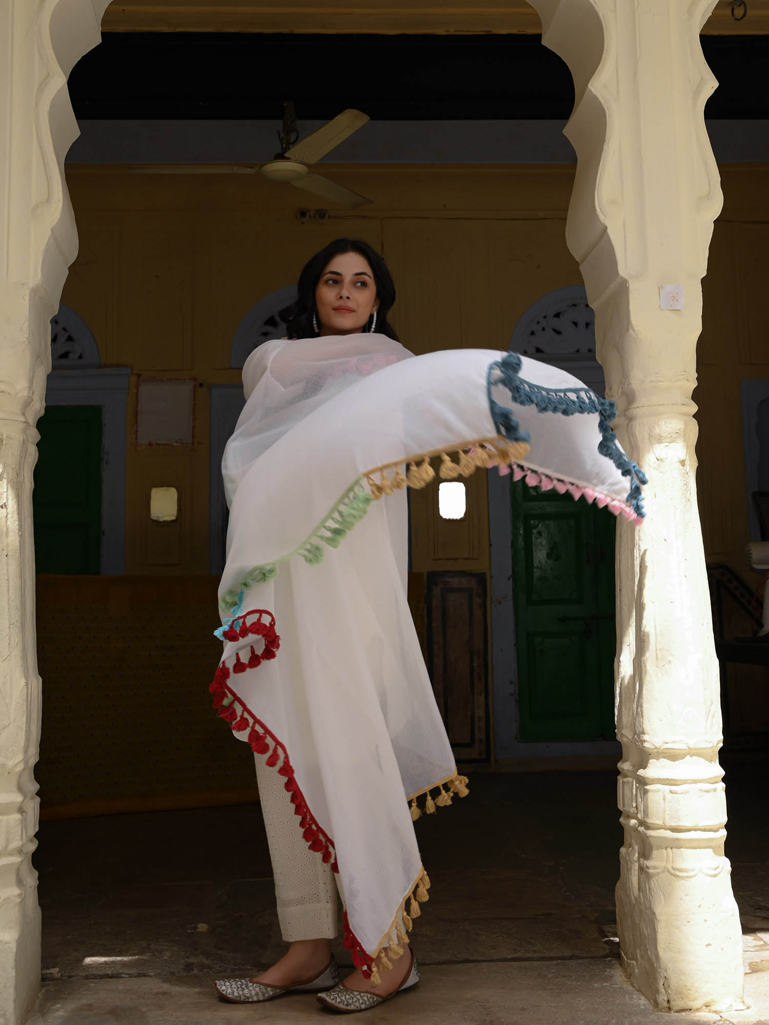 Schiffli Cotton Kurta Set with Multicolored Tassel Dupatta