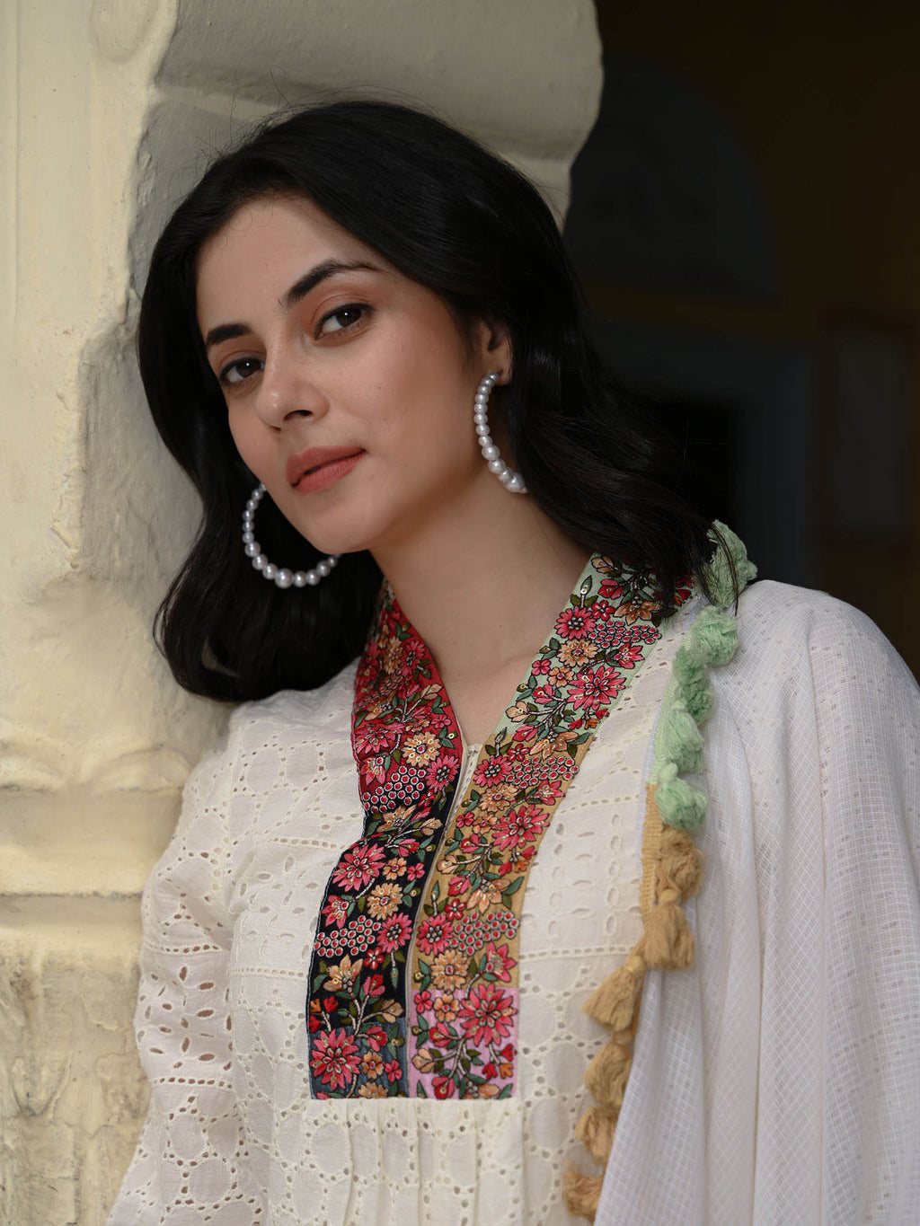 Schiffli Cotton Kurta Set with Multicolored Tassel Dupatta