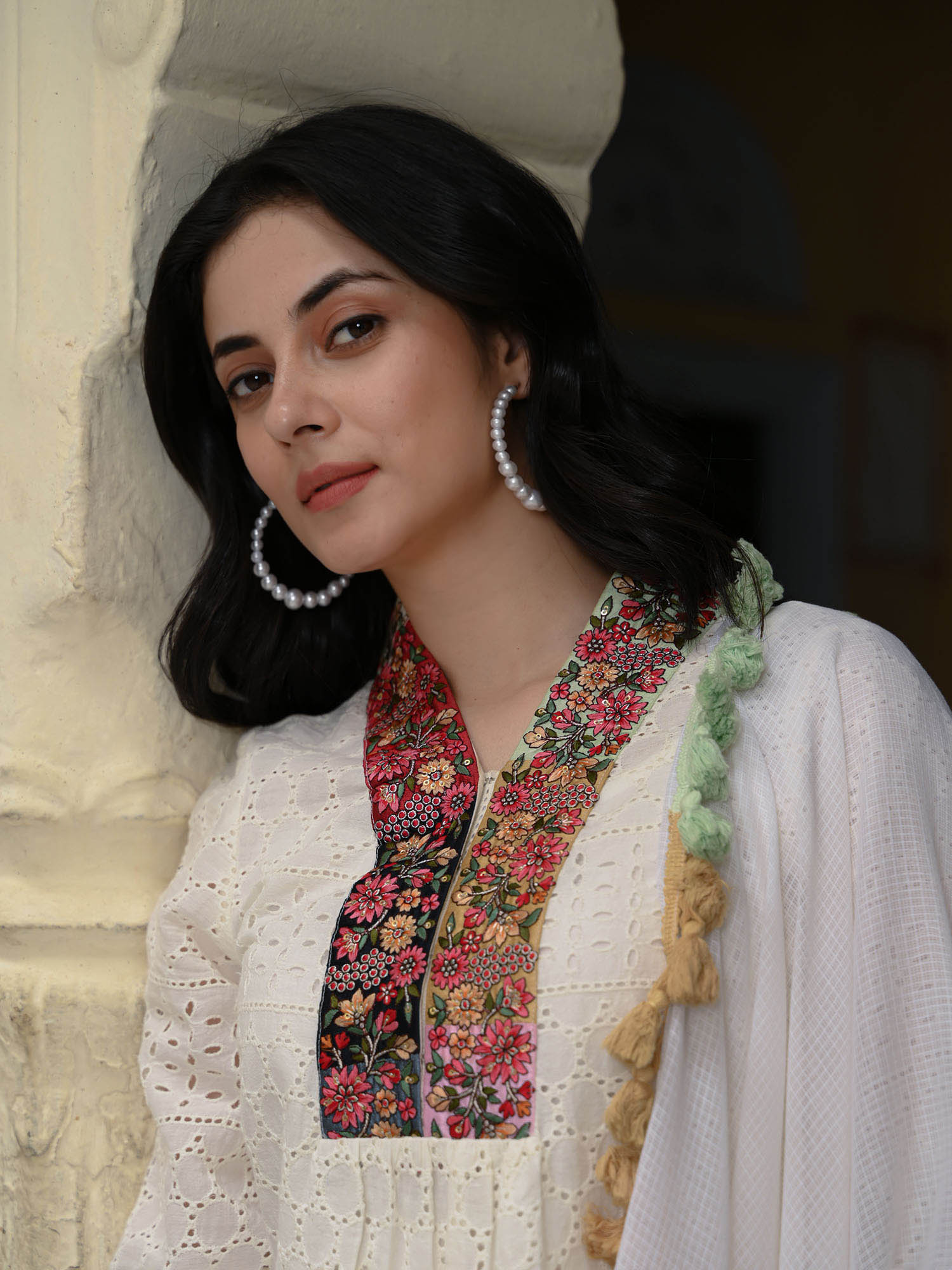 Schiffli Cotton Kurta Set with Multicolored Tassel Dupatta